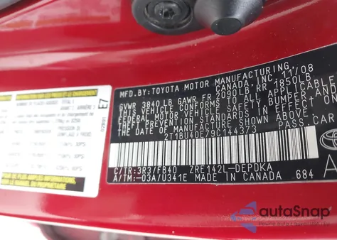 2009 Toyota Corolla Le z USA, uszkodzony, nr VIN 2T1BU40E79C144373